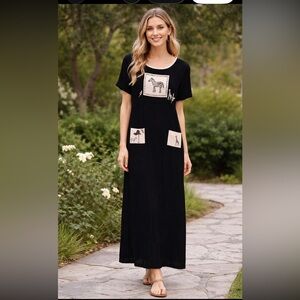 Vintage 90’s Scarlett Black Gauze Short Sleeve Maci Dress Zebras Giraffe NWT